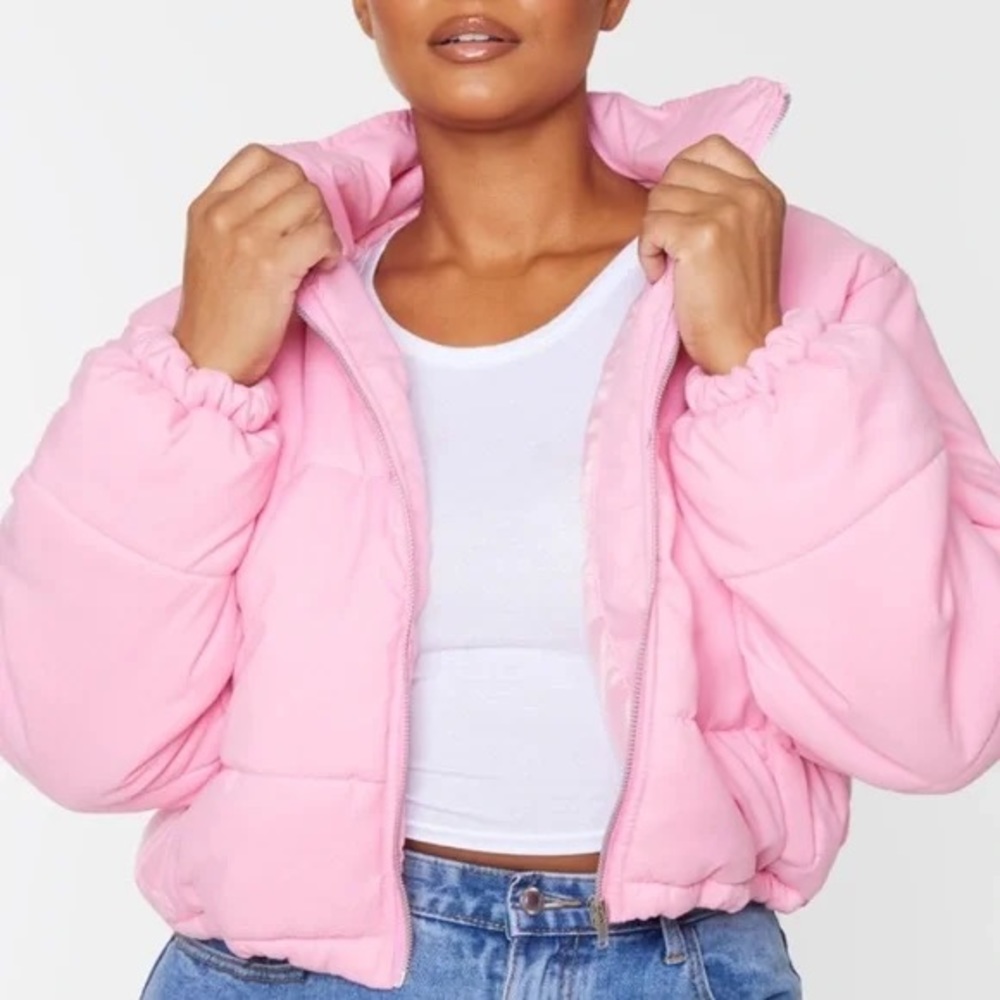 Pink cropped puffer coat